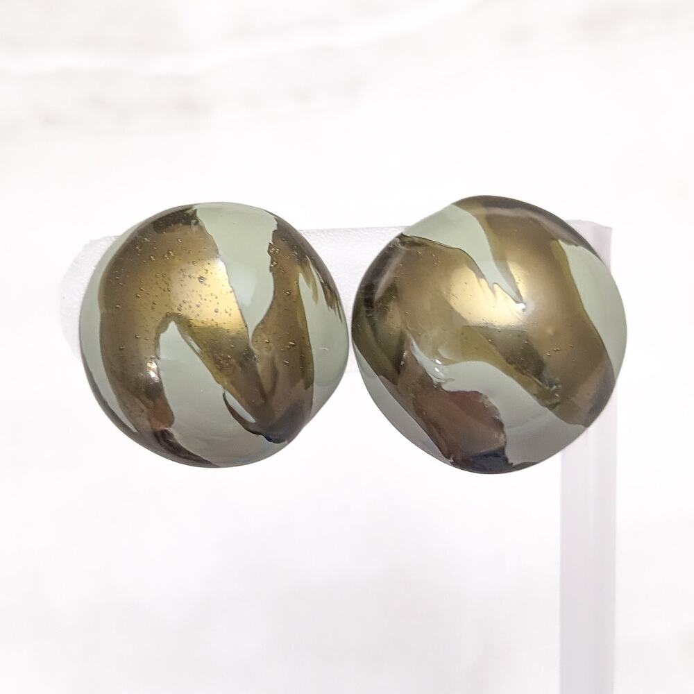 Vintage Clip On Earrings Brass Tone & Muted Dusky Green Large Domed 1 & 1/8"